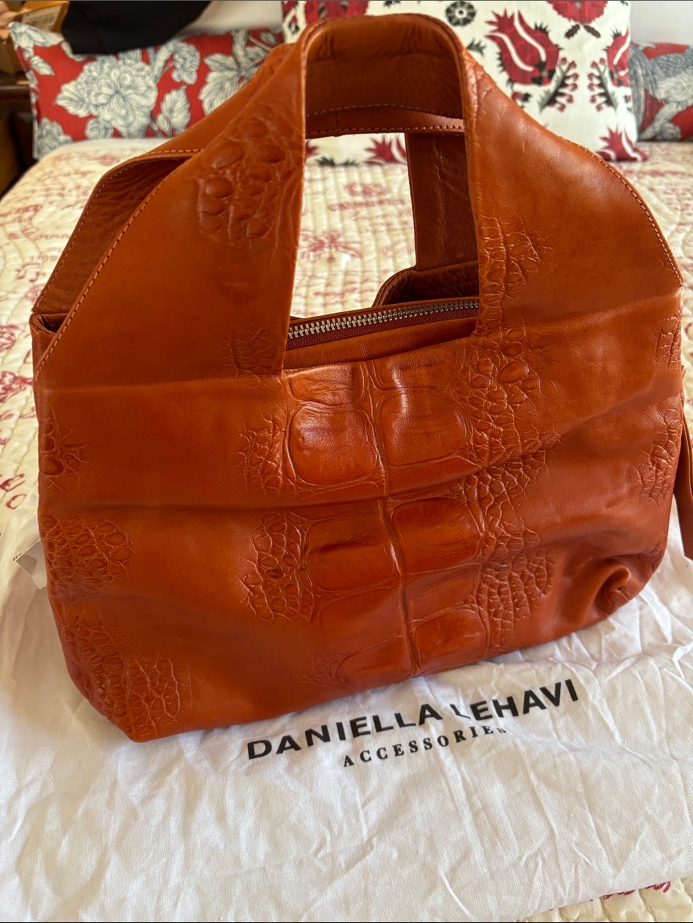 Daniella Lehavi Leather Croc-Embossed Landscape Handbag in Burnt Orange/Rust